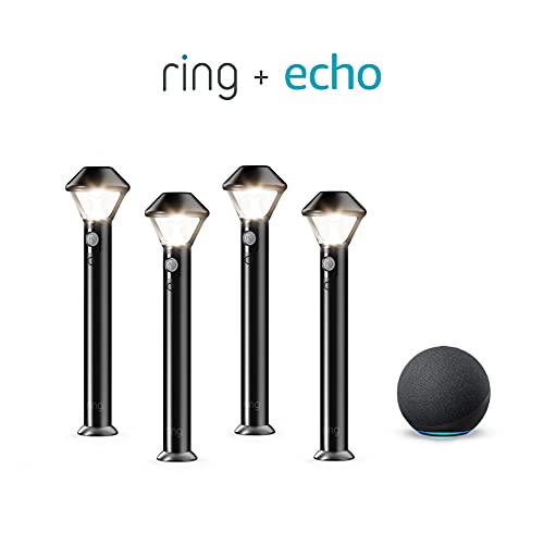 Ring Smart Lighting – Pathlight, Battery-Powered, Outdoor Motion-Sensor Security Light, Black (4-pack) + Echo (4th Gen)