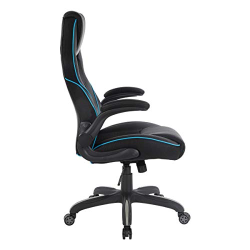 OSP Home Furnishings Xeno Ergonomic Adjustable Faux Leather Gaming Chair with Integrated Headrest and Airflow Cooling Material, Black with Blue Accents