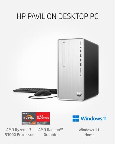 HP Pavilion Desktop PC, AMD Ryzen 3 5300G, 4 GB RAM, 256 GB SSD, Windows 11 Home, Wi-Fi 5 & Bluetooth Connectivity, 9 USB Ports, Wired Mouse and Keyboard Combo, Pre-Built Tower (TP01-2032, 2021)