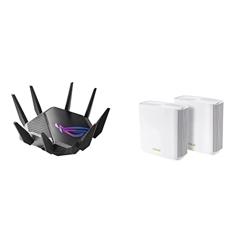 ASUS ROG Rapture WiFi 6E Gaming Router (GT-AXE11000) 1.8GHz Quad-Core CPU, 2.5G Port, Aura RGB & ZenWiFi Whole-Home Tri-Band Mesh WiFi 6E System (ET8 2PK)