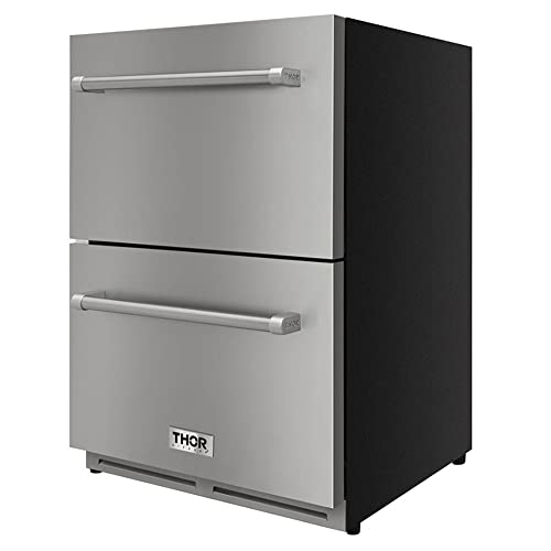 Thor Kitchen TRF2401U 5.4 Cubic Foot Stainless Steel Indoor/Outdoor Built In Undercounter Double Drawer Refrigerator Ventilated Cooling Mini Fridge