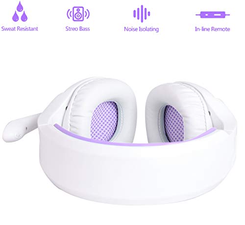 3.5mm PS4 Headset PC Gaming Headsets for New Xbox One - SUPSOO White Purple Wire Over Ear Headphone with Mic, Volume Control & Surround Sound for PS5, Laptop, Nintendo Switch, Phone, Tablet