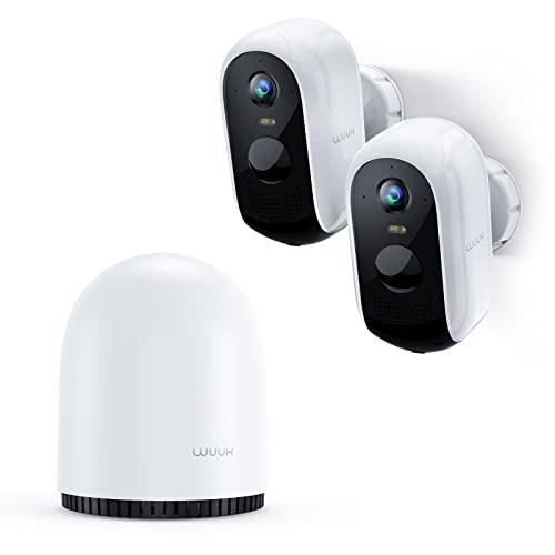 2 Cameras for Home Security Outdoor Wireless WiFi, WUUK 2K Battery Powered Outdoor Wireless Security Camera with Base Station, No Monthly Fee, IP67, Free 32GB Local Storage, Google & Alexa Compatible