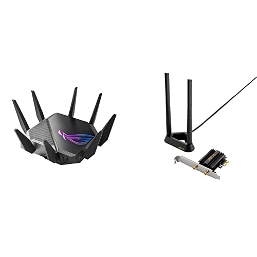 ASUS ROG Rapture WiFi 6E Gaming Router - Tri-Band 10 Gigabit Wireless Router, World's First 6Ghz Band, 1.8GHz Quad-Core CPU, 2.5G Port, Aura RGB & WiFi 6E + Bluetooth 5.2 PCI-E Expansion Card
