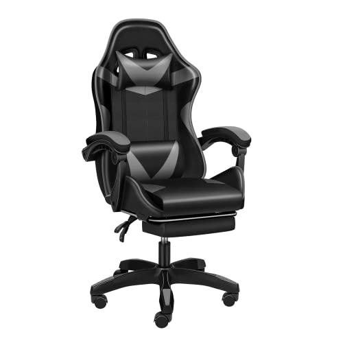 YSSOA FNGAMECHAIR01 Gaming Office High Back Computer Ergonomic Adjustable Swivel Chair with Headrest and Lumbar Support, with footrest, Black/Grey