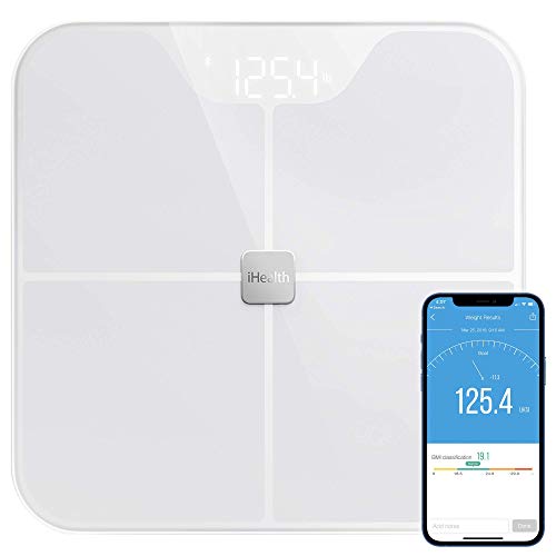 iHealth Nexus Body Fat Scale Smart BMI Scale Digital Bathroom Bluetooth Weight Scale, Body Composition Analyzer with Tempered Glass Platform, Large LED Backlit with Smartphone App, 400 lbs - White