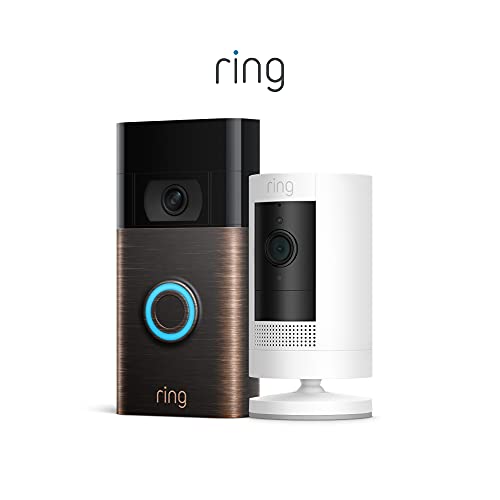 Ring Video Doorbell, Venetian Bronze (2nd Gen) Bundle with Ring Stick Up Cam Battery, White