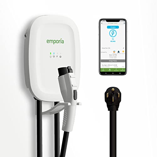 EMPORIA ENERGY Smart Electric Vehicle EV Charger, 48A Level 2, Energy Star/UL, NEMA 14-50 or Hardwire, 24ft Cable, Indoor/Outdoor EVSE