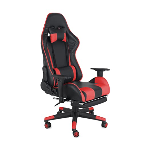 COMFTY Gaming Chair with Fold-Away Footrest, Height Adjustable Gamer Chair & Support Pillows and 2D T-Armrests Deluxe Leather Reclining Office Chair, Black/Red