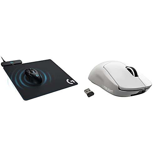 Logitech G Powerplay Wireless Charging System for G502,G703,G903 Lightspeed & PRO Wireless Mice, Soft or Hard Mouse Pad-Black + PRO X SUPERLIGHT Wireless Gaming Mouse, HERO 25K Sensor, 5 Buttons-White