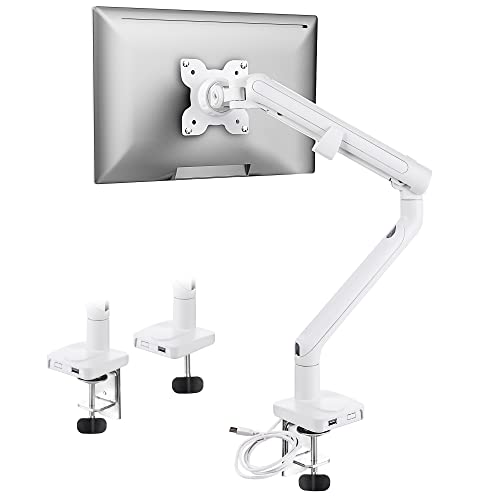 Single Monitor Arm Mount, Aluminum Single Computer Monitor Desk Mount with USB, LOTEYIKE Adjustable VESA Monitor Stand for 13 to 32 inch Screens, 2.2 to 19.8lbs-White/C-Clamp/Grommet/Cable Management