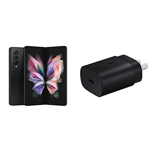 Galaxy Z Fold 3 5G Factory Unlocked Android Cell Phone US Version Smartphone Tablet, Phantom Black & Fast Charging Wall Charger (USB-C Cable is NOT Included)- Black (US Version with Warranty)