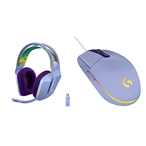 Logitech G733 Lightspeed Wireless Gaming Headset - Lilac & 03 Wired Gaming Mouse, 8,000 DPI, Rainbow Optical Effect LIGHTSYNC RGB, 6 Programmable Buttons - Lilac