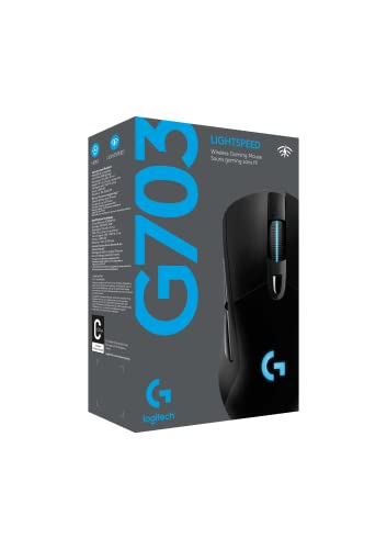 Logitech G703 Lightspeed Wireless Gaming Mouse W/Hero 25K Sensor, PowerPlay Compatible, Lightsync RGB, Lightweight 95G+10G Optional, 100-25, 600 DPI, Rubber Side Grips - Black