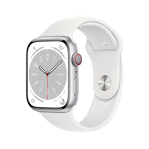 Apple Watch Series 8 [GPS + Cellular 45mm] Smart Watch w/ Silver Aluminum Case with White Sport Band - S/M. Fitness Tracker, Blood Oxygen & ECG Apps, Always-On Retina Display, Water Resistant