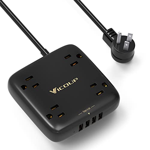 Power Strip with USB Ports, VICOUP Surge Protector Flat Plug with 4 Widely Spaced Outlets 4 USB Charger 4.5A, Wall Mountable 4.5 FT Extension Cord Compact for Office Dorm Room Essentials, ETL Listed