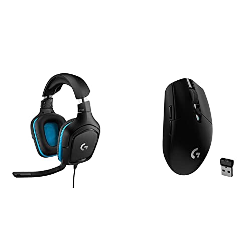 Logitech G432 Wired Gaming Headset, 7.1 Surround Sound, Black/Blue & 05 Lightspeed Wireless Gaming Mouse, Hero 12K Sensor, 12,000 DPI, Lightweight, 6 Programmable Buttons - Black