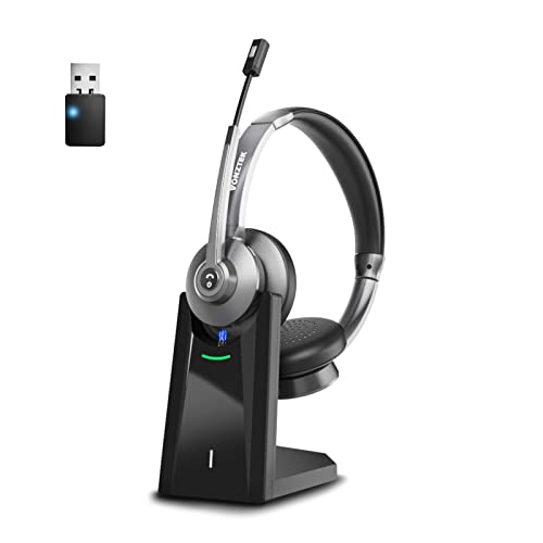 Bluetooth Headset with Microphone, Wireless Headset for Computer, On Ear Headphones with Mic Noise Cancelling/Mute/Charging Base/Plug & Play Dongle/Dual Connect, Hands Free for Zoom|Skype|Ms Teams