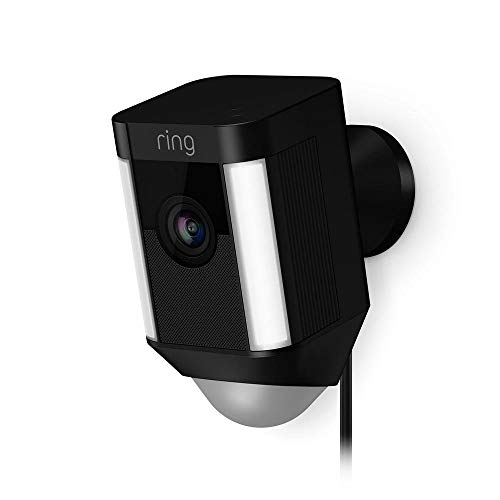 Ring Spotlight Cam Wired - Plugged-in HD security camera with built-in spotlights, two-way talk and a siren alarm, Works with Alexa - Black
