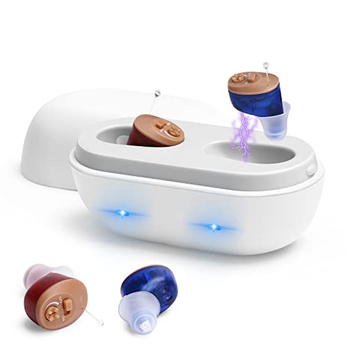 Rechargeable Hearing Amplifier for Senior, Sound Amplifier to Aid Adults Hearing, Mini Completely-in-Canal Hearing Enhancer Earbuds for Adults/Elderly, Noise Cancelling, Blue & Red(Pair)