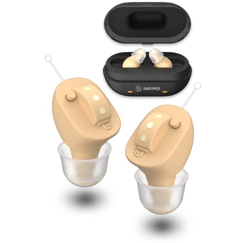 EarSpice Rechargeable Hearing Aids (Pair) for Seniors &amp;amp;amp; Adults with Noise Cancelling Function - Nano Earbuds Nearly Invisible In Ear - (CIC) Mini Digital Hearing Amplifiers with Tinnitus Relief (Beige)