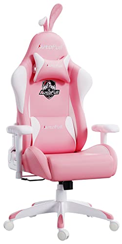 AutoFull Pink Bunny Gaming Chair Cute Kawaii Gamer Chair for Girl Ergonomic Computer Gaming Chair with Lumbar Support PU Leather High Back Racing Gaming Chairs