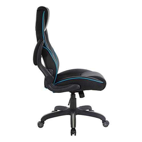 OSP Home Furnishings Xeno Ergonomic Adjustable Faux Leather Gaming Chair with Integrated Headrest and Airflow Cooling Material, Black with Blue Accents