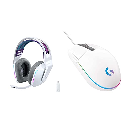 Logitech G733 Lightspeed Wireless Gaming Headset - White & G203 Wired Gaming Mouse, 8,000 DPI, Rainbow Optical Effect LIGHTSYNC RGB, 6 Programmable Buttons - White