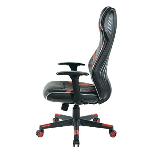 OSP Home Furnishings Rogue High-Back LED Lit Gaming Chair, Black Faux Leather with Red Trim and Accents