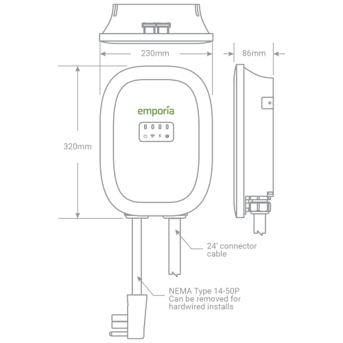 EMPORIA ENERGY Smart Electric Vehicle EV Charger, 48A Level 2, Energy Star/UL, NEMA 14-50 or Hardwire, 24ft Cable, Indoor/Outdoor EVSE