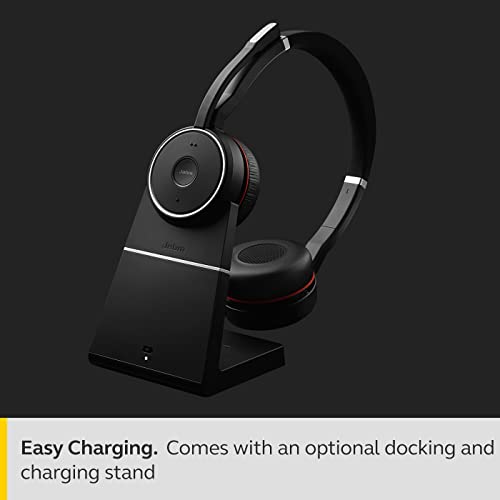 Jabra Evolve 75 UC Wireless Headset, Stereo – Includes Link 370 USB Adapter and Charging Stand – Bluetooth Headset with World-Class Speakers, Active Noise-Cancelling Microphone, All Day Battery
