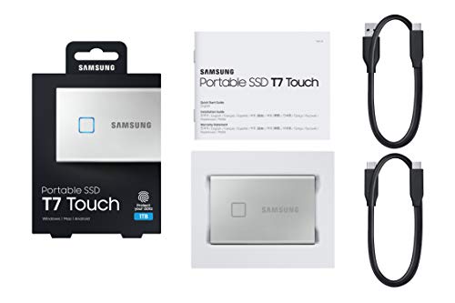 SAMSUNG T7 Touch Portable SSD 1TB - Up to 1050MB/s - USB 3.2 External Solid State Drive, Silver (MU-PC1T0S/WW)