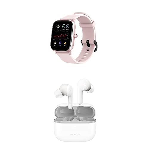 Amazfit GTS 2 Mini Fitness Smart Watch (Flamingo Pink) + PowerBuds Pro True Wireless Earbuds (White) Bundle, Heart Rate Monitor, Earbuds w/ Active Noise Cancellation, Watch has Alexia Built-in