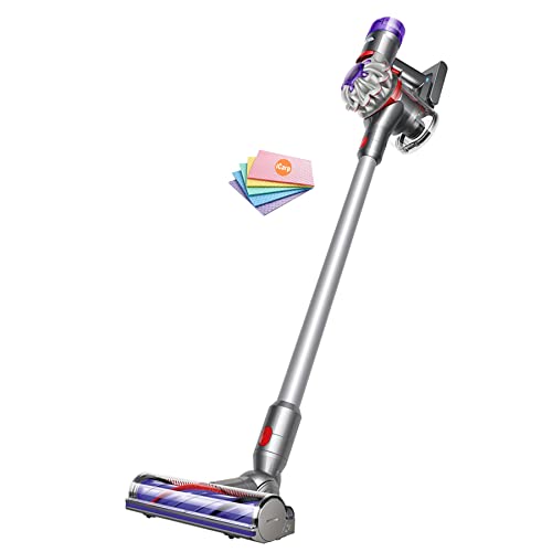 Dyson V7 Allergy HEPA Cordless Stick Vacuum Cleaner: Bagless Ergonomic, Telescopic Handle, Rechargeable, Carpet/Edge Cleaning, Height Adjustable, Battery Operated (Silver) + Sponge Cloth