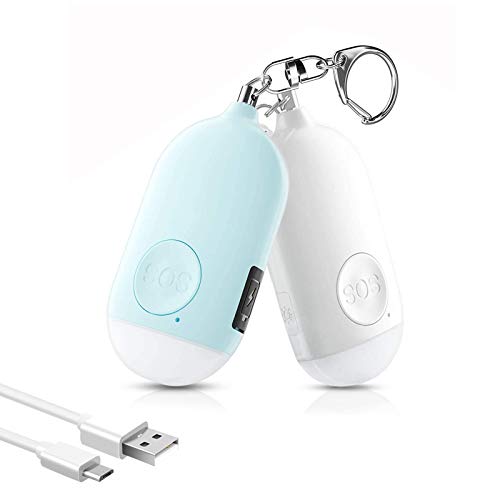 Safesound Personal Alarm Siren Song 2 Pack White and Blue - 130dB Self Defense Alarm Keychain Emergency LED Flashlight with USB Rechargerable - Security Personal Protection Devices for Women