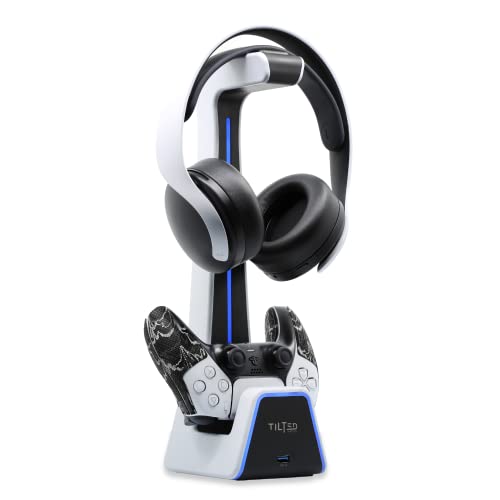 Tilted Nation 3 in 1 Headset and Controller Stand with Easy Charging - Designed for Playstation or PC - PS4 / PS5 Controller Holder with Charger - Perfect Headphone and Game Controller Holder for Desk