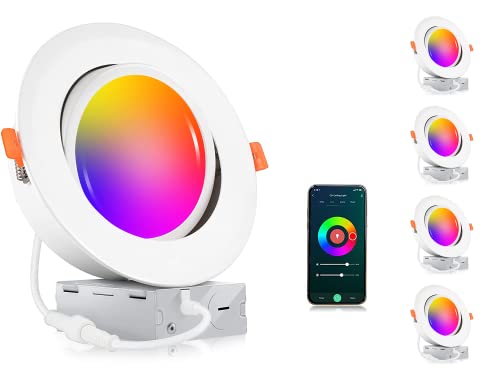 [4 Pack] ClOUDY BAY 6 inch Gimbal Smart WiFi LED Recessed Lights,RGBCW Color Changing,Compatible with Alexa and Google Home Assistant,No Hub Required,15W 2700K-6500K, IC Rated