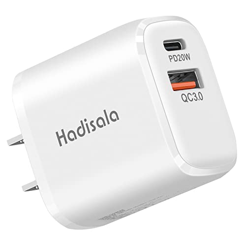 USB C Fast Charger, Hadisala 20W Dual-Port PD USB C/QC 3.0 Wall Charger, Portable Travel Power Adapter Cell Phone Charger Compatible with iPhone 13/Mini/Pro Max, iPad Pro, AirPods Pro, Galaxy and More