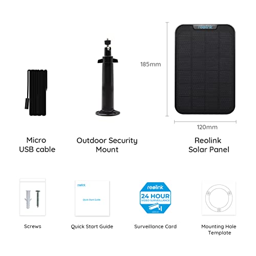 REOLINK Solar Panel Power Supply Designed for Reolink Home Security Outdoor Rechargeable Battery Cameras Argus 2/Argus Pro/Argus Eco/Go/Argus PT, Waterproof, Reliable and Long-Stop Charging (Black)