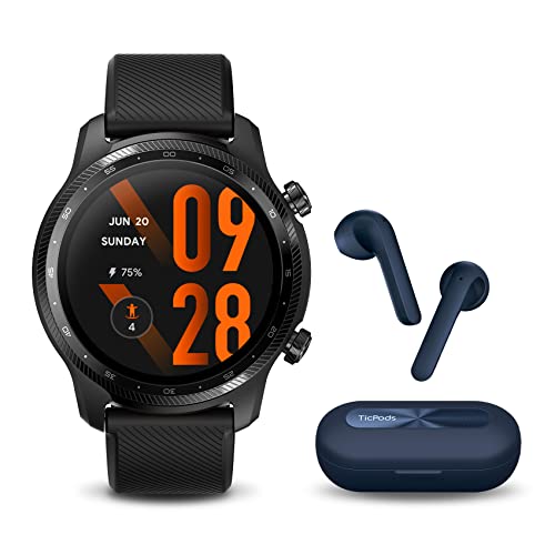 TicWatch Pro 3 Ultra GPS Smartwatch Plus TicPods 2 Pro Plus Navy Wear OS Smart Watch for Men Blood Oxygen IHB AFib Detection Fatigue Assessment 3-45 Days Battery NFC Mic Speaker