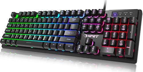 NPET K10 Gaming Keyboard USB Wired Floating Keyboard, Quiet Ergonomic Water-Resistant Mechanical Feeling Keyboard, Ultra-Slim Rainbow LED Backlit Keyboard for Desktop, Computer, PC (Renewed)