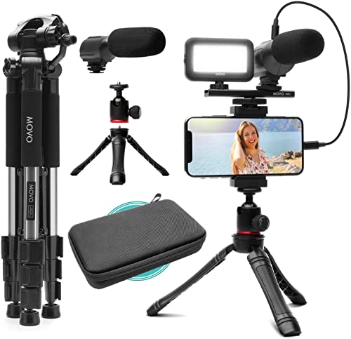 Movo iVlogger iPhone/Android Compatible Vlogging Kit with Fullsize Tripod - Phone Video Kit Accessories: Tripods, Phone Mount, LED Light and Cellphone Shotgun Microphone for Phone Video Vlog Recording