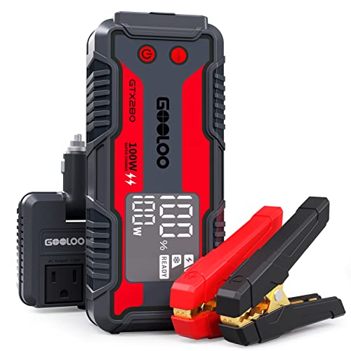 GOOLOO GTX280 Portable Power Station 3000A Jump Starter, 280Wh Lithium Battery Backup with 100W in/Out Fast Charging & 150W DC/120W AC Output, Jump Box for 12V Vehicles with Detachable AC Outlet