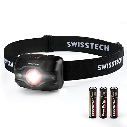 Swiss+Tech Headlamp Flashlight with 3 Modes, 300 Lumens LED Headlight with Tiltable Light, Adjustable Headband, 3 AAA Batteries, Ideal Head Lamp for Outdoors, Camping, Running, Fishing