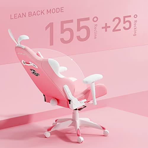 AutoFull Pink Bunny Gaming Chair Cute Kawaii Gamer Chair for Girl Ergonomic Computer Gaming Chair with Lumbar Support PU Leather High Back Racing Gaming Chairs