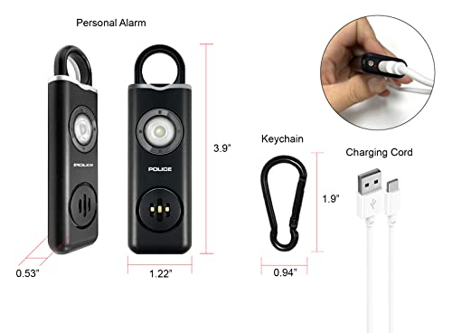 POLICE Personal Alarm Keychain for Women – 130dB Siren Alarm, LED Flashlight with Strobe Light Rechargeable Safety Alarm- Black