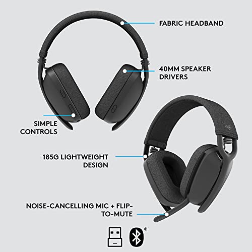 Logitech Zone Vibe 125 Wireless Headphones with Noise-Canceling Microphone, Bluetooth, USB-A Receiver; Works with Zoom, Google Voice, Google Meet, Mac/PC - Graphite