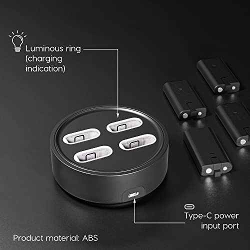 TALK WORKS Xbox Battery Charger Station w/ 4 Rechargeable Batteries - 5' Cable Light Up USB-C Multi-Battery Charging Pack for X-Box Game (Black)