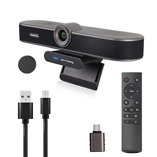 Zoomable 4K Webcam with Microphones and Speaker, TONGVEO 4X Digital Zoom ePTZ Video Conference Web Camera with Remote and Privacy Cover AI Auto Framing Streaming Webcam for Zoom,Skype