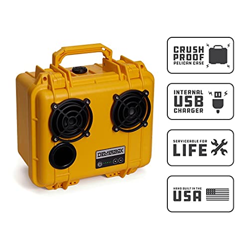 DemerBox: Waterproof, Portable, and Rugged Outdoor Bluetooth Speakers. Loud Sound, 40+ hr Battery Life, Dry Box + USB Charging, Multi-Pairing Party Mode. Built to Last + Fully Serviceable